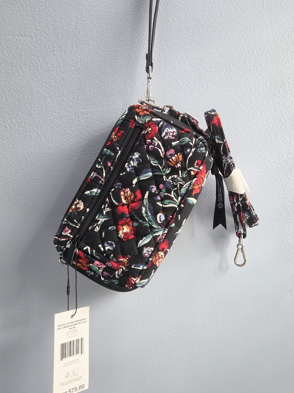 NWT Vera Bradley Black Quilted Floral Wristlet Crossbody
